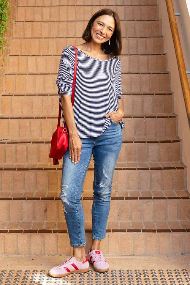 Navy and White Stripe Milan 3/4 Sleeve Top image 1