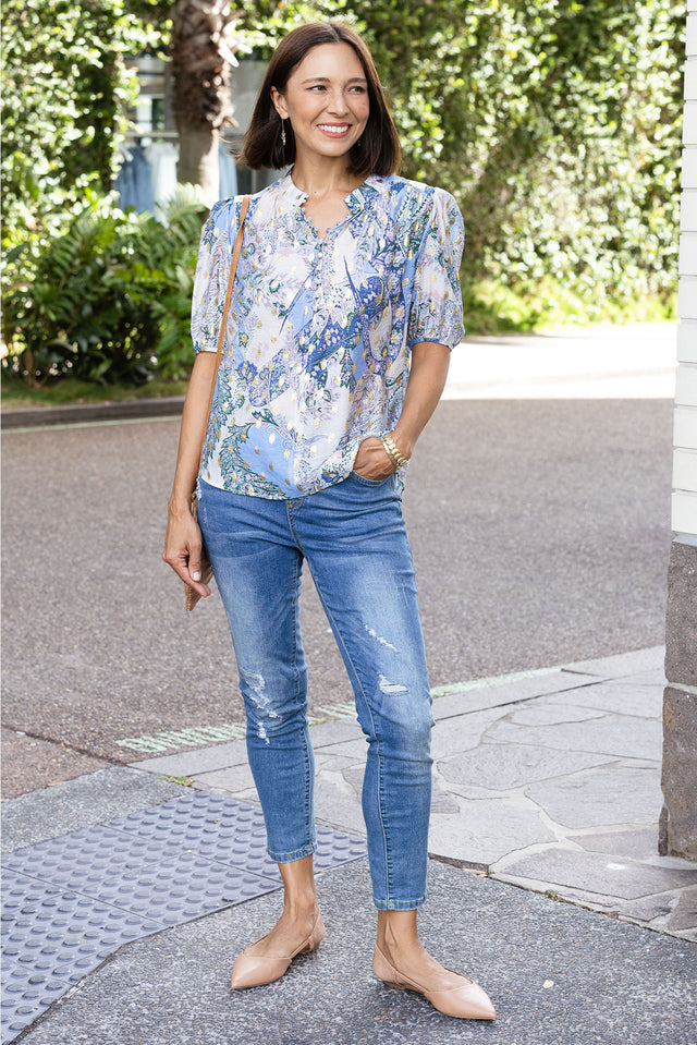 Alexandra Blue Abstract Button Top