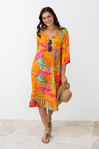 Milana Orange Leaf Crinkle Cotton Dress