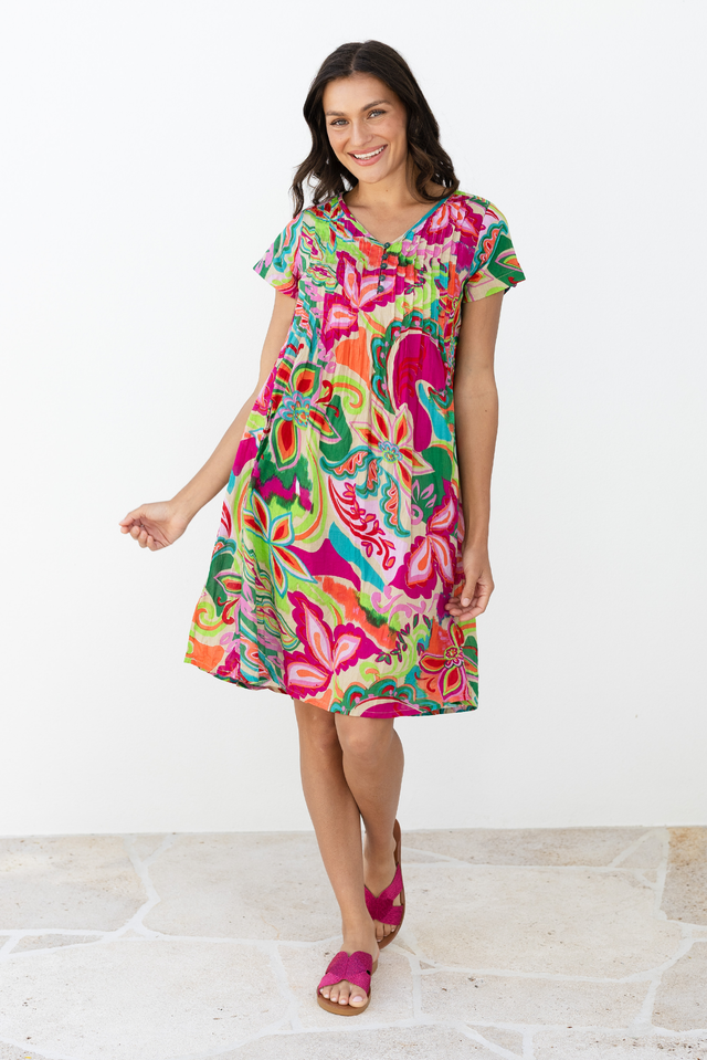 Sabina Fuchsia Botanical Crinkle Cotton Dress,Lifestyle