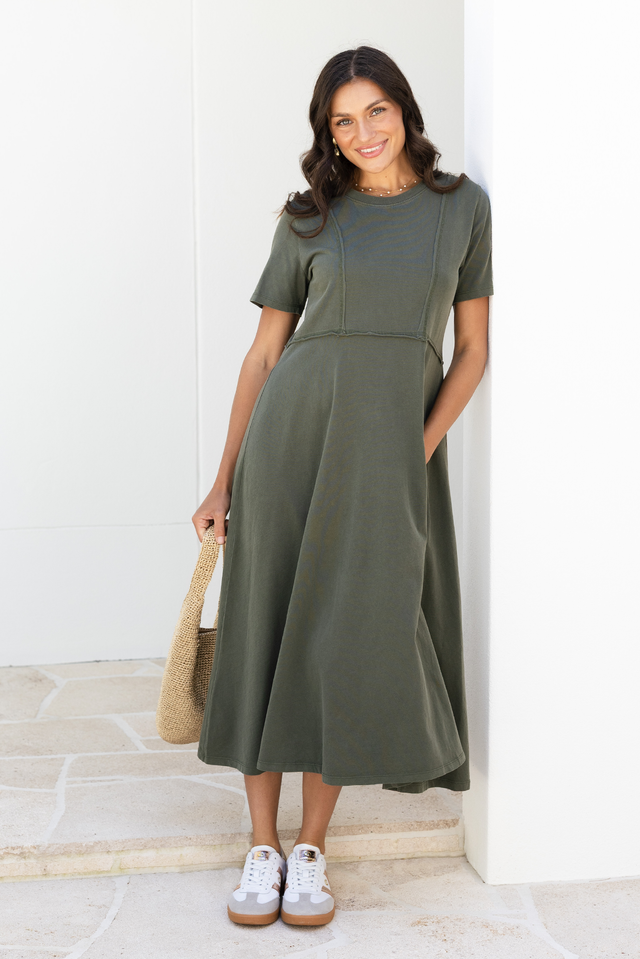 Eva Khaki Cotton Midi Dress,Lifestyle