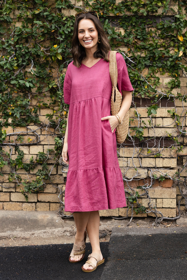 Miller Pink Linen Tiered Dress,Lifestyle