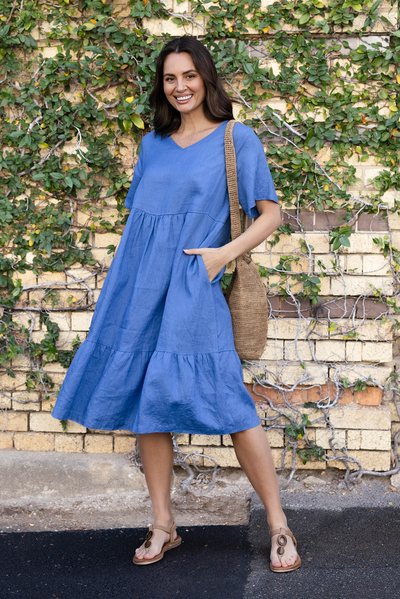 Miller Blue Linen Tiered Dress