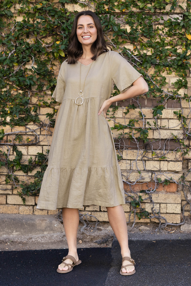 Miller Beige Linen Tiered Dress,Lifestyle