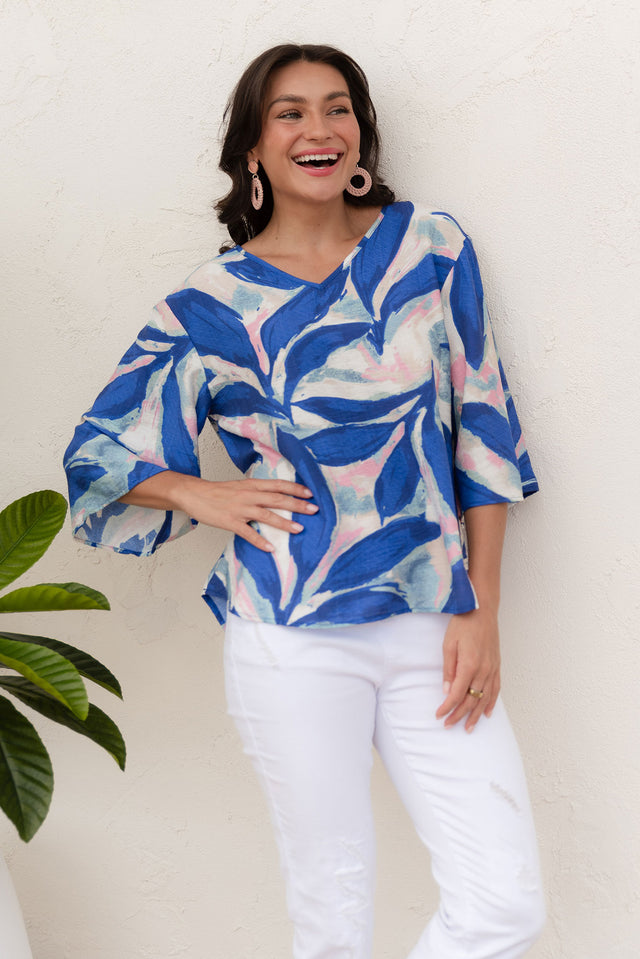 Janelle Blue Leaf V Neck Top
