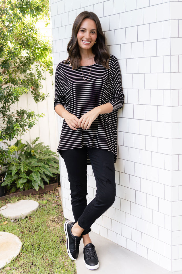Black Stripe Milan 3/4 Sleeve Top,Brunette model,Lifestyle