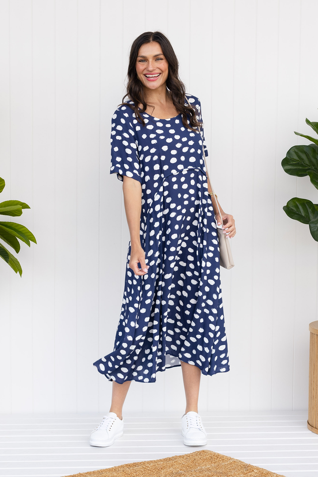 Zaelia Navy Spot Crescent Dress,Lifestyle