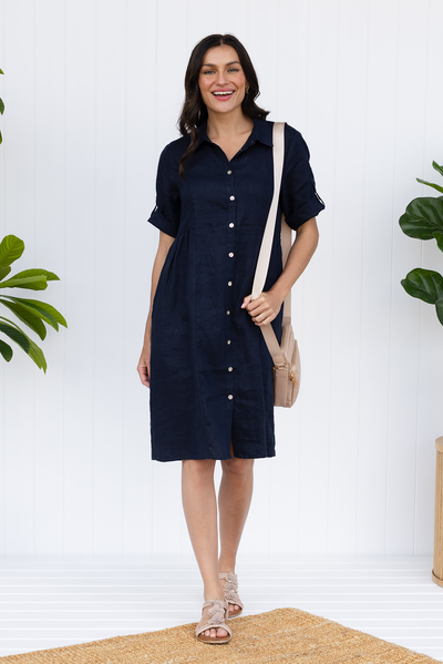 Kathy Navy Linen Shirt Dress