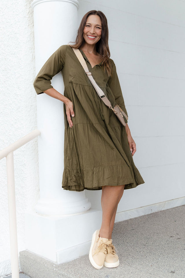 Milana Khaki Crinkle Cotton Dress,Lifestyle image 1