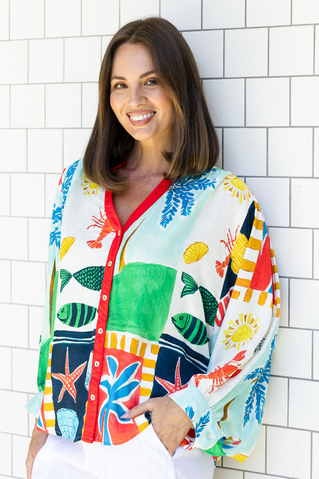 Marella Green Coastal Button Top