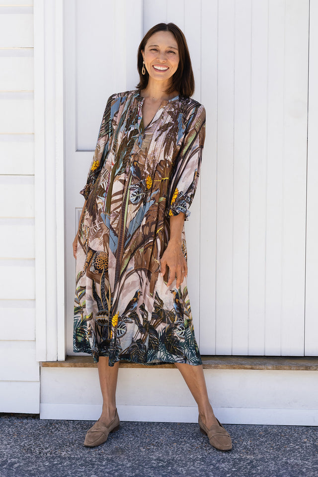 Kalmia Brown Jungle Pleated Tie Dress