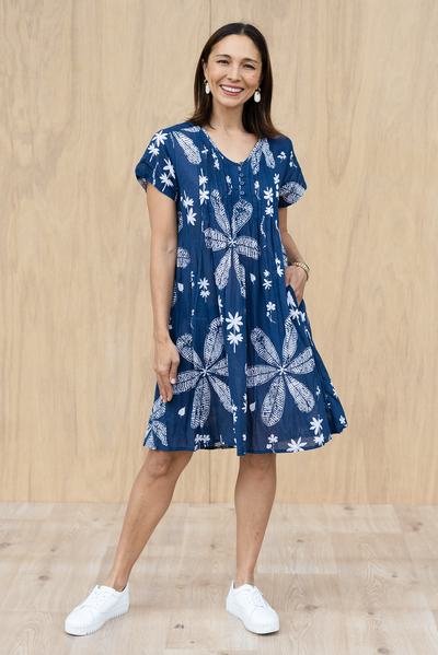 Sabina Navy Flower Crinkle Cotton Dress