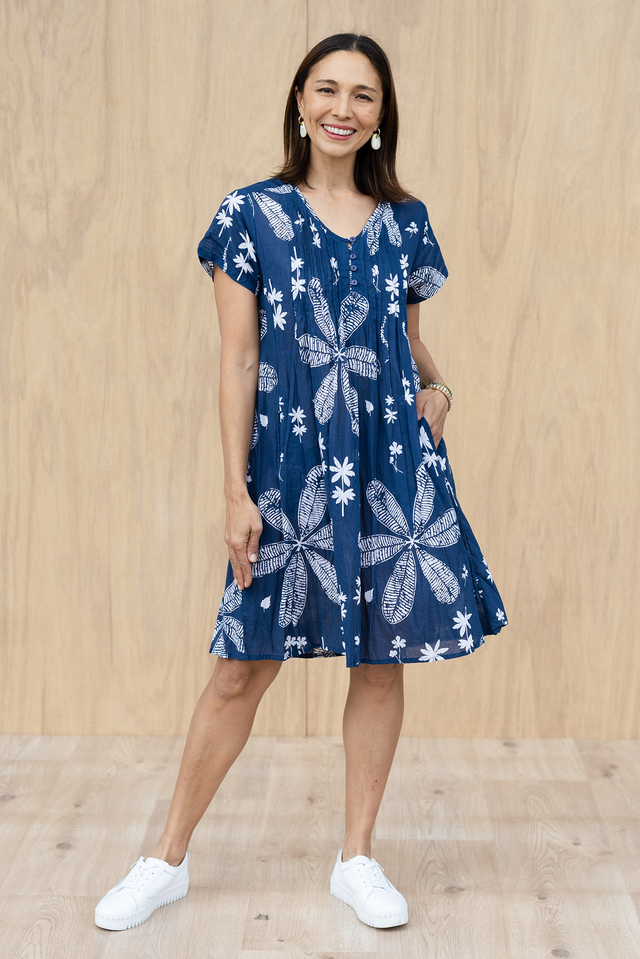 Sabina Navy Flower Crinkle Cotton Dress