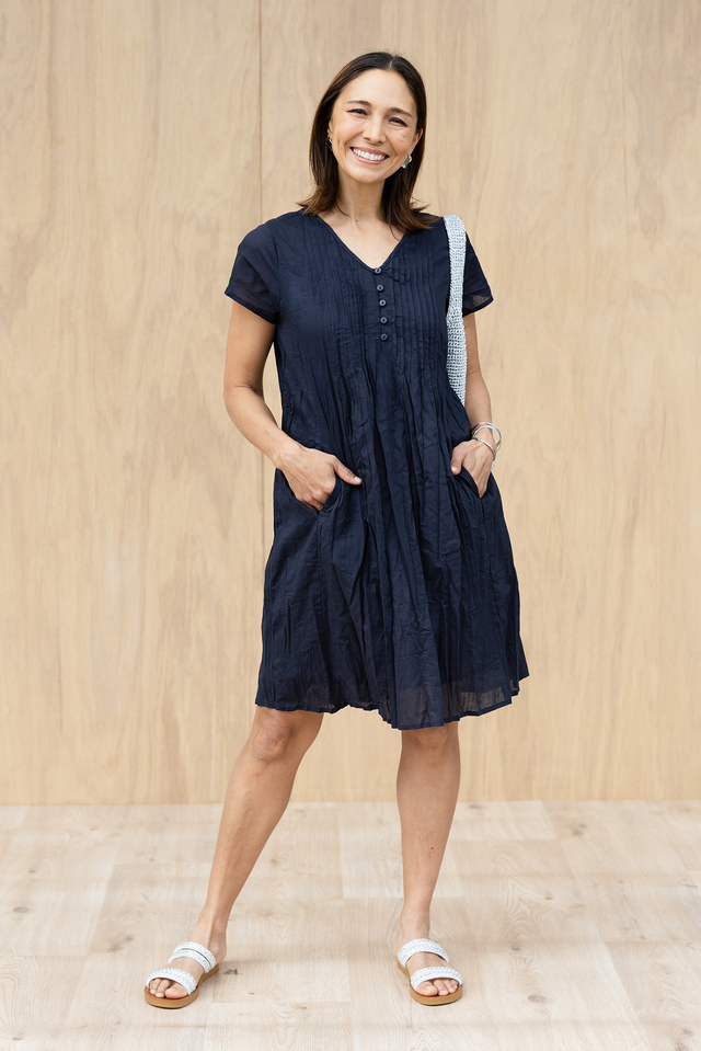 Sabina Navy Crinkle Cotton Dress,Lifestyle image 1