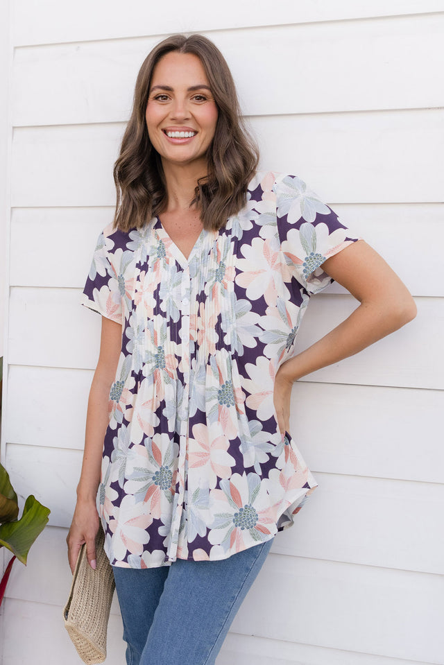 Isobel Blue Flower Button Top