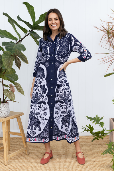 Melita Navy Motif Cotton Shirt Dress