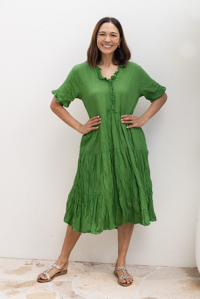 Cinder Fern Green Crinkle Cotton Ruffle Dress,Lifestyle