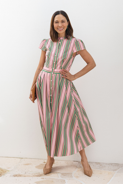 Luanne Green Stripe Cotton Button Dress