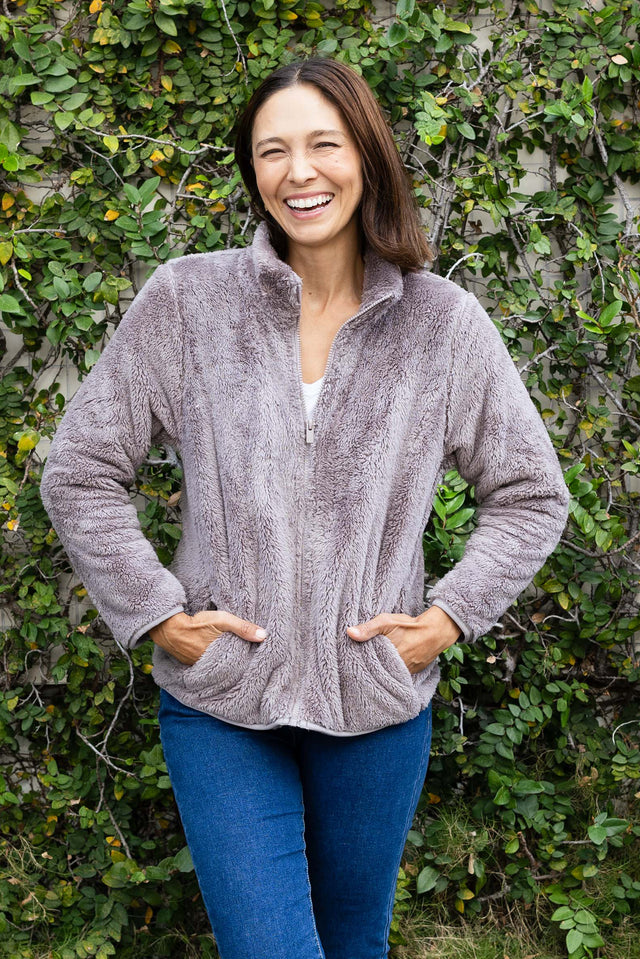 Ackerley Taupe Faux Fur Jacket,Brunette model,Lifestyle