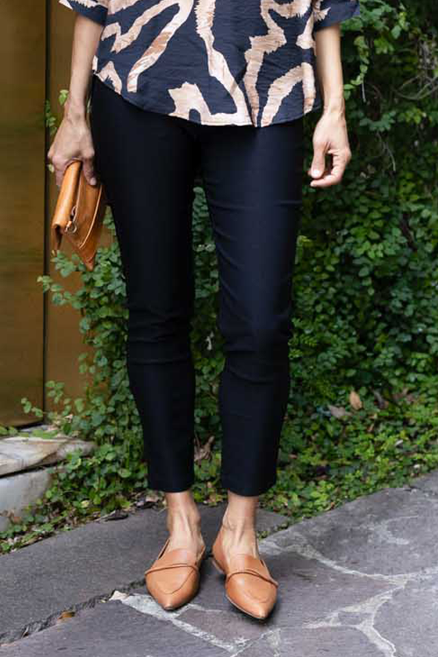 Olympia Black Straight Pants,Brunette model,Lifestyle