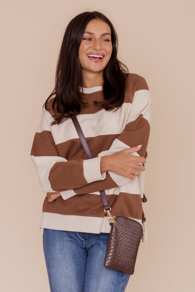 Katrin Mocha Stripe Cotton Crewneck Sweatshirt