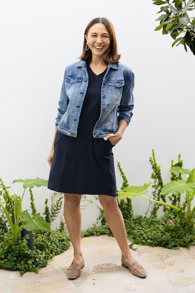 Harley Navy Cotton Tee Dress,Brunette model,Lifestyle