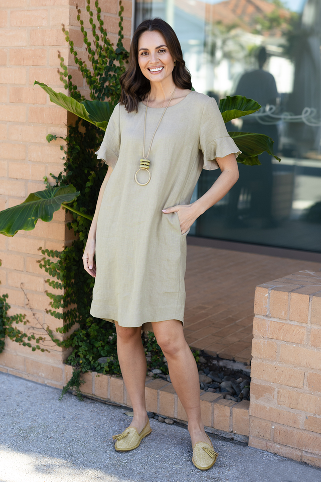 Lesley Taupe Linen Flutter Sleeve Dress image 1