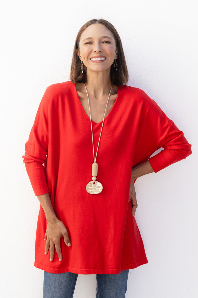 Piper Red V Neck Knit Jumper,Brunette model,Lifestyle image 1