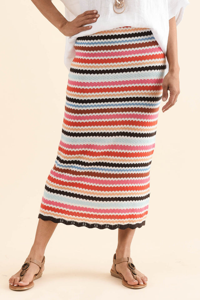 Retro Multi Stripe Cotton Knit Skirt,Front,Brunette model,alt text|model:Cara image 1