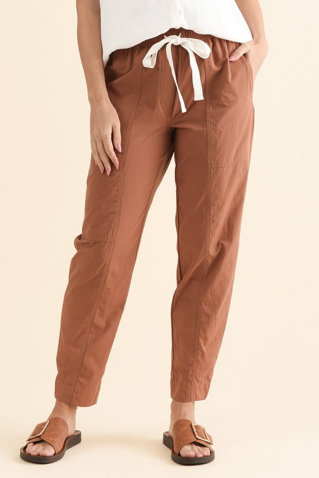 Reva Rust Cotton Drawstring Pants,Front,Brunette model,alt text|model:MJ image 1