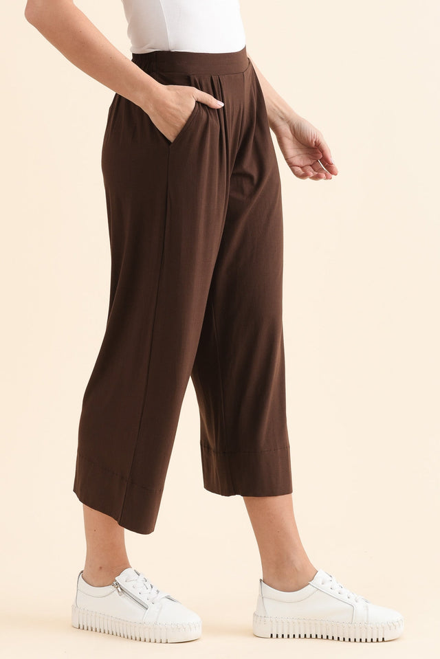 Rhodes Chocolate Bamboo Wide Leg Pants,Side,Brunette model,alt text|model:MJ image 3