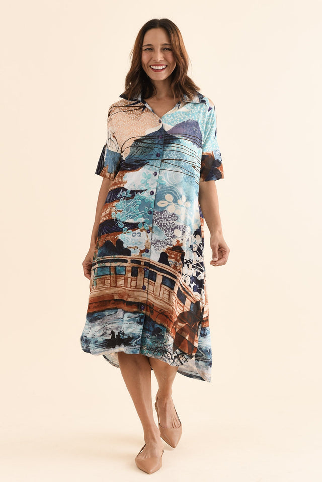 Rhonda Beige Vista Shirt Dress,Front,Brunette model,alt text|model:Cara