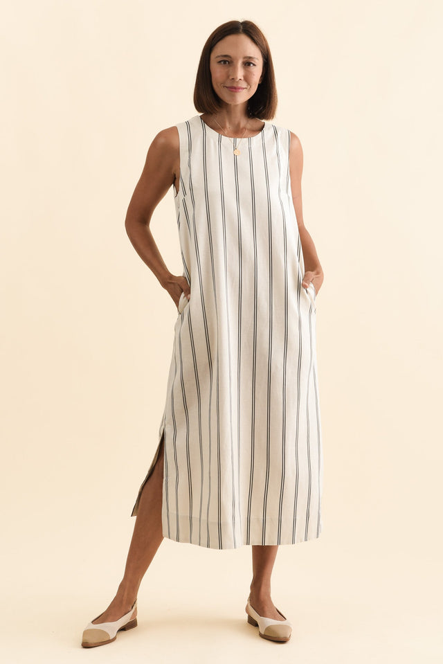 Riley Cream Stripe Linen Blend Dress,Brunette model,alt text|model:Cara image 3