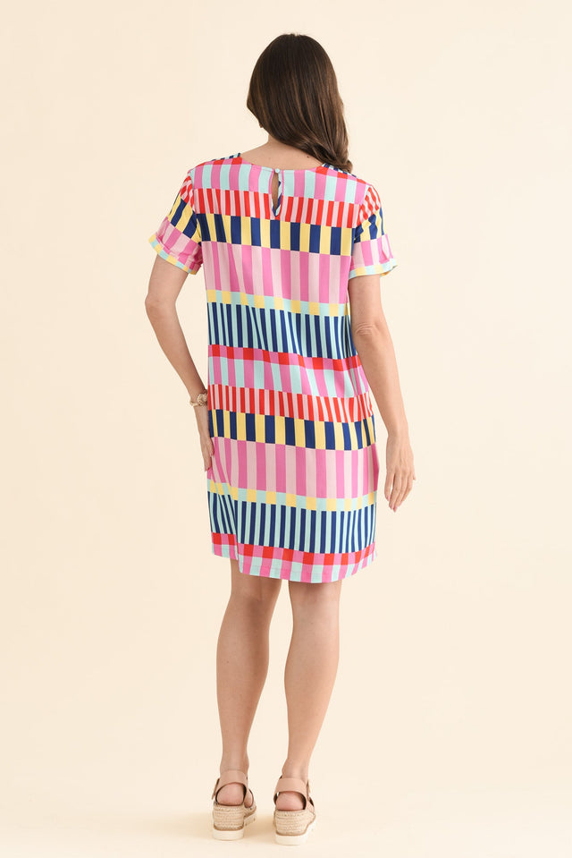 Rio Rumba Pink Geo T-Shirt Dress,Back,Brunette model,alt text|model:MJ image 4