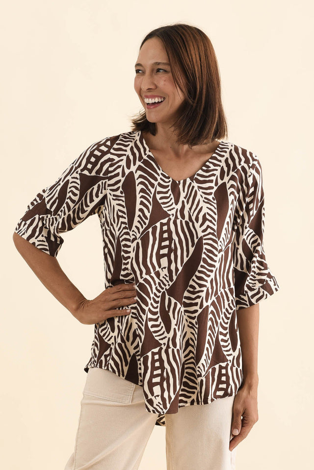 Riveria Brown Leaf V Neck Top image 1