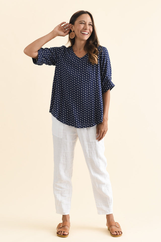 Riveria Navy Dash V Neck Top,Brunette model,alt text|model:Cara image 7