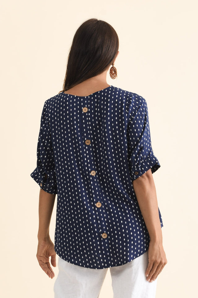 Riveria Navy Dash V Neck Top,Brunette model,alt text|model:Cara image 5