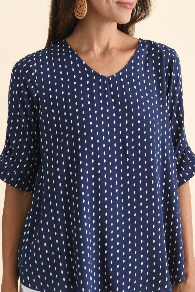 Riveria Navy Dash V Neck Top,Brunette model,alt text|model:Cara image 6