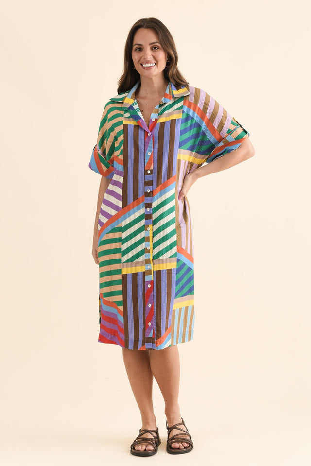 Robin Pink Stripe Cotton Shirt Dress,Full Body,Brunette model,alt text|model:MJ image 6