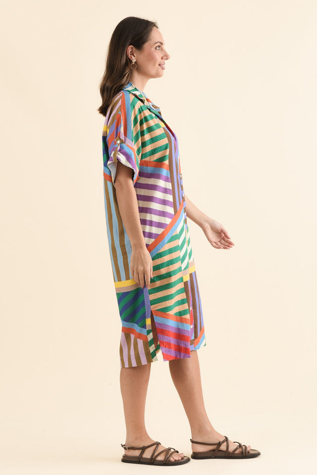 Robin Pink Stripe Cotton Shirt Dress,Side,Brunette model,alt text|model:MJ image 3