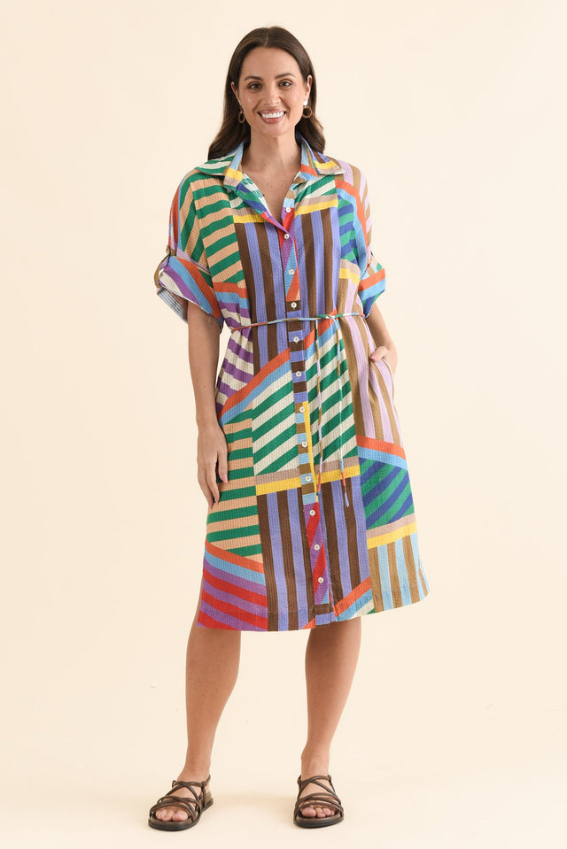 Robin Pink Stripe Cotton Shirt Dress,Full Body,Brunette model,alt text|model:MJ image 2