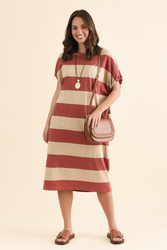 Rocco Coral Stripe Cotton Pocket Dress,Front,Brunette model,alt text|model:MJ