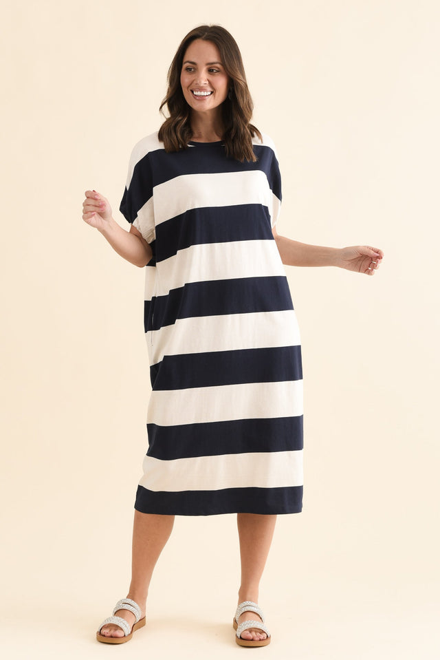 Rocco Navy Stripe Cotton Pocket Dress,Full Body,Brunette model,alt text|model:MJ image 6
