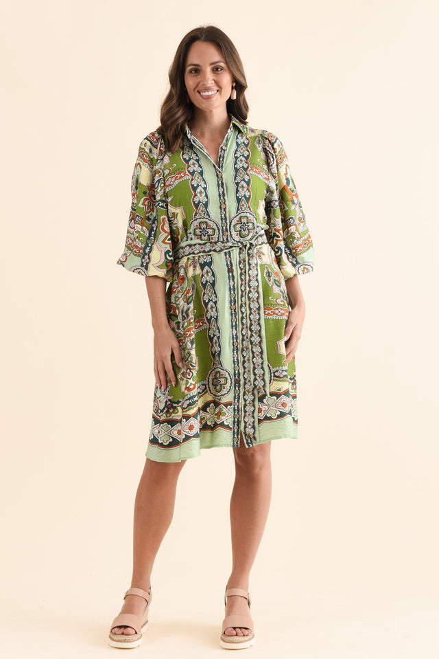 Romeo Green Mosaic Tie Dress,Front,Brunette model,alt text|model:MJ image 1