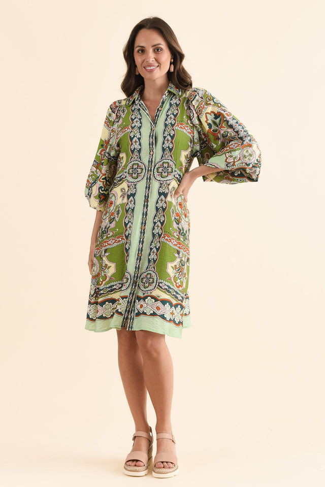 Romeo Green Mosaic Tie Dress,Full Body,Brunette model,alt text|model:MJ image 6