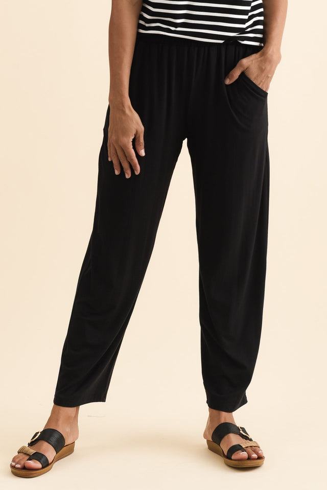 Rosella Black Bamboo Pants,Brunette model,alt text|model:Cara