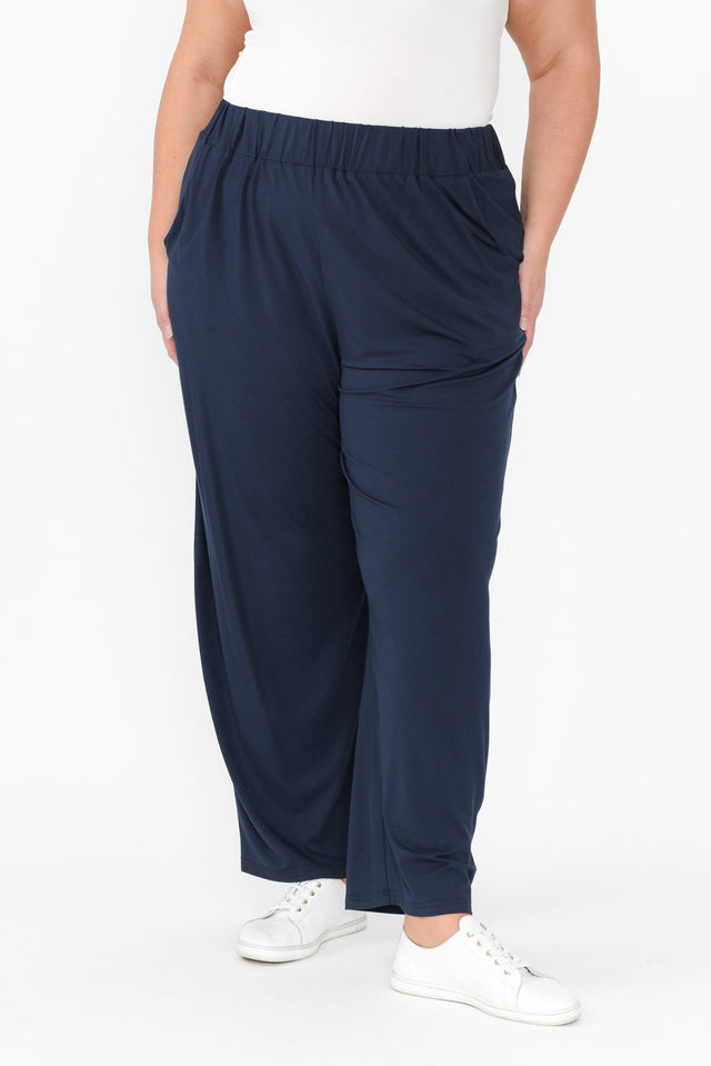 Rosella Navy Bamboo Pants,Blonde model,plus-size,curve-bottoms,plus-size-Pants,alt text|model:Caitlin