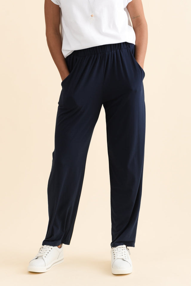 Rosella Navy Bamboo Pants,Brunette model,alt text|model:Brontie