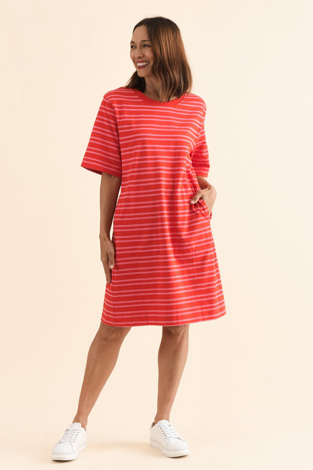 Rouge Red Stripe Cotton Tee Dress,Full Body,Brunette model,alt text|model:Cara image 6