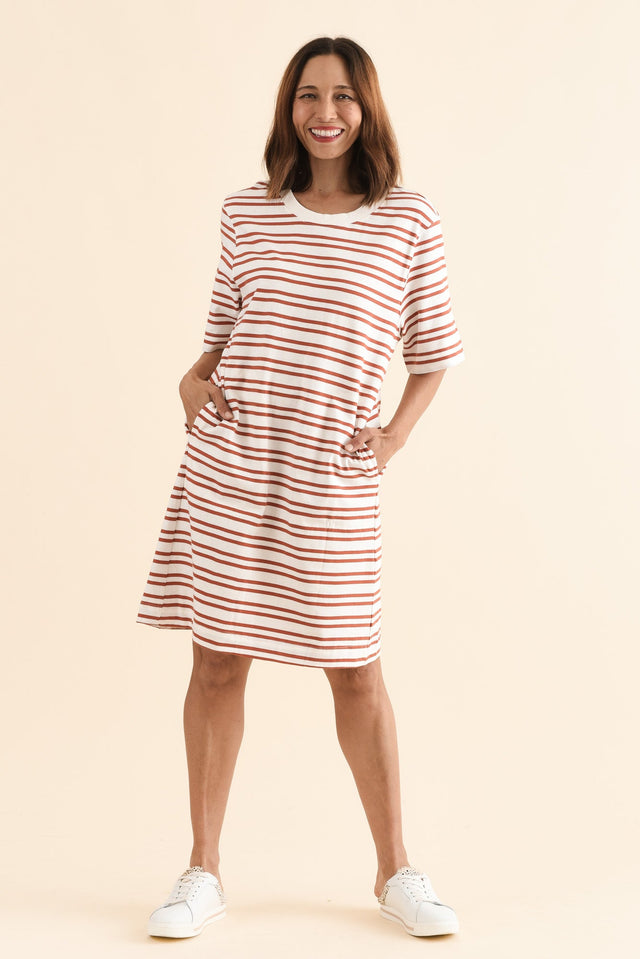 Rouge Tan Stripe Cotton Tee Dress,Full Body,Brunette model,alt text|model:Cara image 2